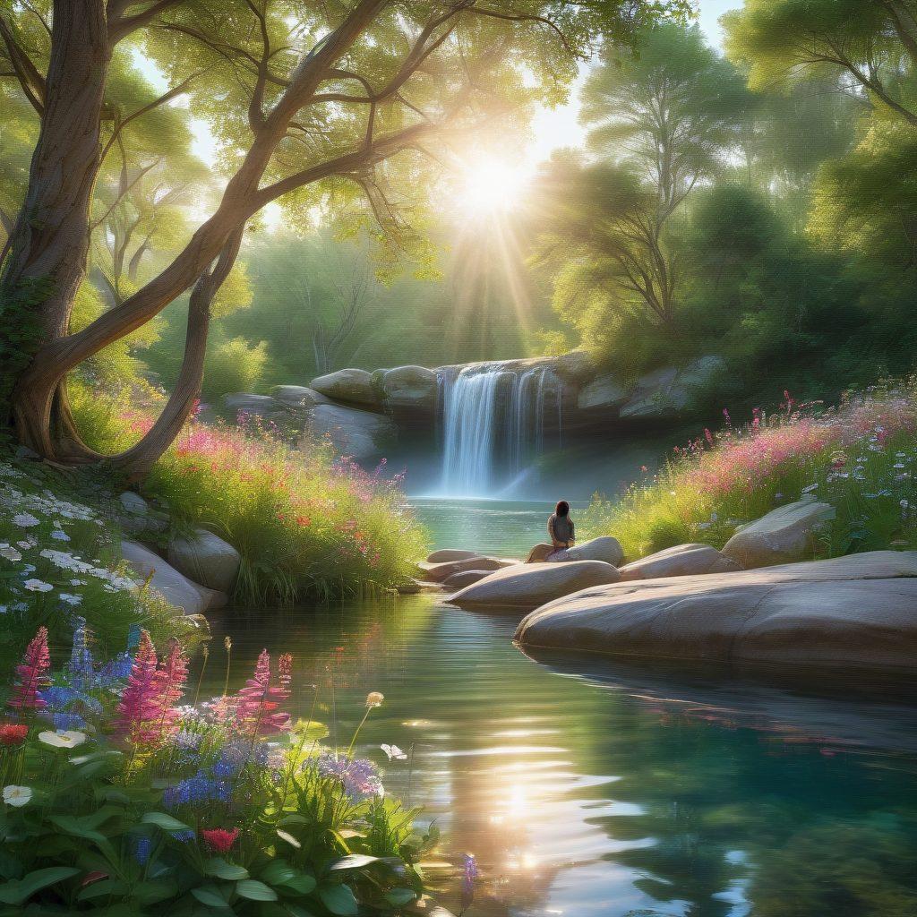 A serene landscape with a gentle waterfall cascading into a crystal-clear lake, surrounded by lush greenery and blooming wildflowers. A couple sits on a rock, gazing into each other's eyes, embodying the essence of tenderness and love. Soft sunlight filters through tree branches, creating a warm and inviting atmosphere. Include butterflies fluttering around to enhance the sense of nature's beauty. super-realistic. vibrant colors.