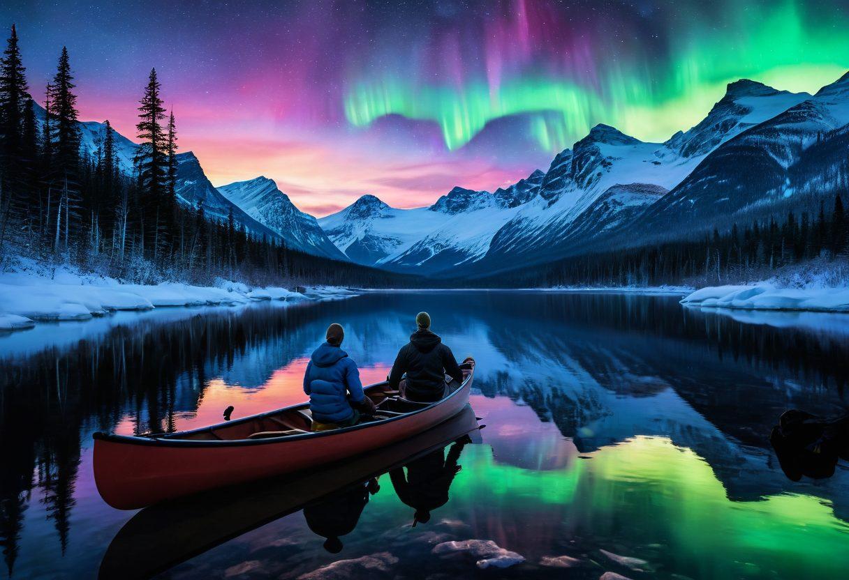 A breathtaking scene of a couple embraced in love amidst the Alaskan wilderness, surrounded by towering snow-capped mountains and a tranquil icy lake. Their warm, cozy outfits contrast against the cool blues and whites of the landscape, as the northern lights dance above them, casting a magical glow. Include elements of adventure, like a small canoe or hiking gear nearby, to signify their journey. A soft, romantic atmosphere with vibrant colors highlighting the beauty of nature. super-realistic. vibrant colors. 3D.