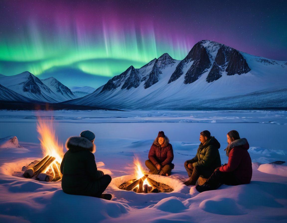 A breathtaking view of an Arctic landscape featuring serene icy blues and whites, with a warm campfire in the foreground where diverse individuals gather, sharing stories and nurturing connections. In the background, gentle snow-covered mountains bathe in the soft glow of the aurora borealis, symbolizing warmth amidst the cold. The scene captures the essence of camaraderie and love in the wilderness. super-realistic. vibrant colors. calming atmosphere.
